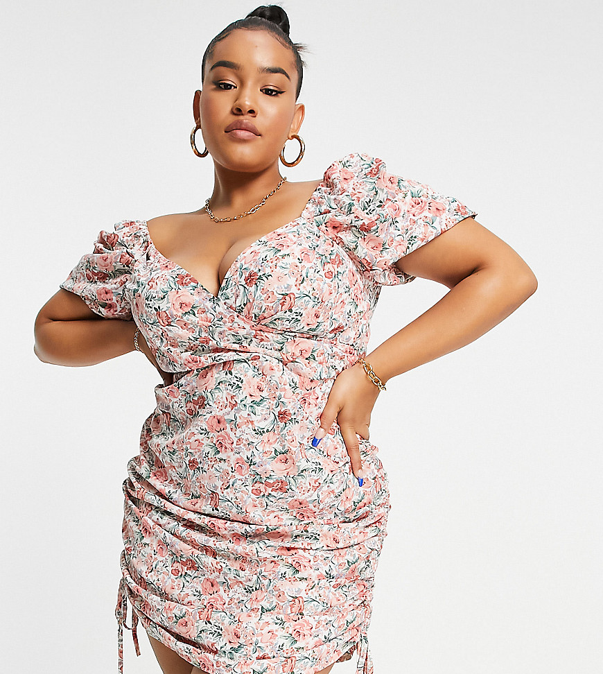 Plus-size dress by Saint Genies Love at first scroll Ruched design All-over floral print Wrap front Drawstring sides Zip-back fastening Slim fit