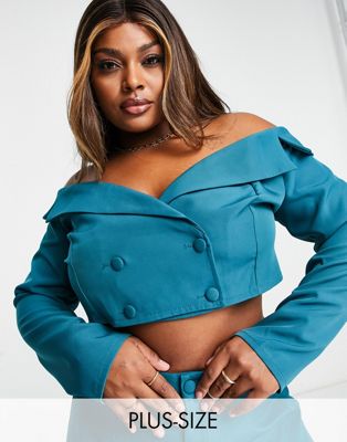 tailored crop jacket in teal - part of a set-Blue