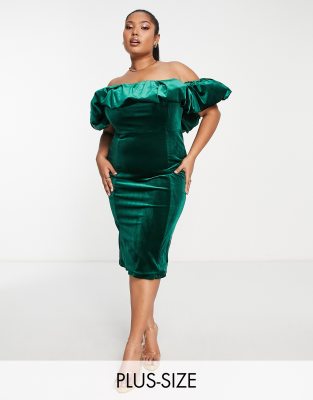 velvet frill off the shoulder midi dress in emerald green