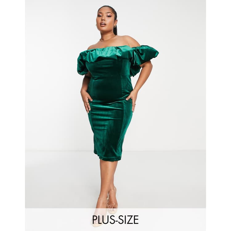 Saint Genies Plus velvet frill off the shoulder midi dress in emerald green