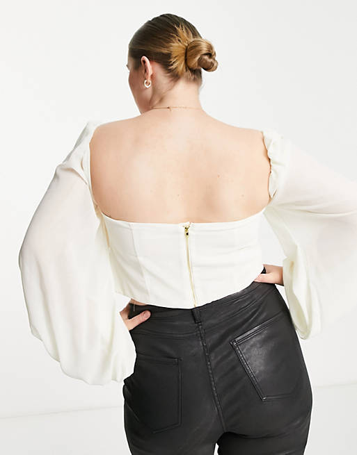 Tops Saint Genies Plus volume sleeve corset detail crop top in cream 