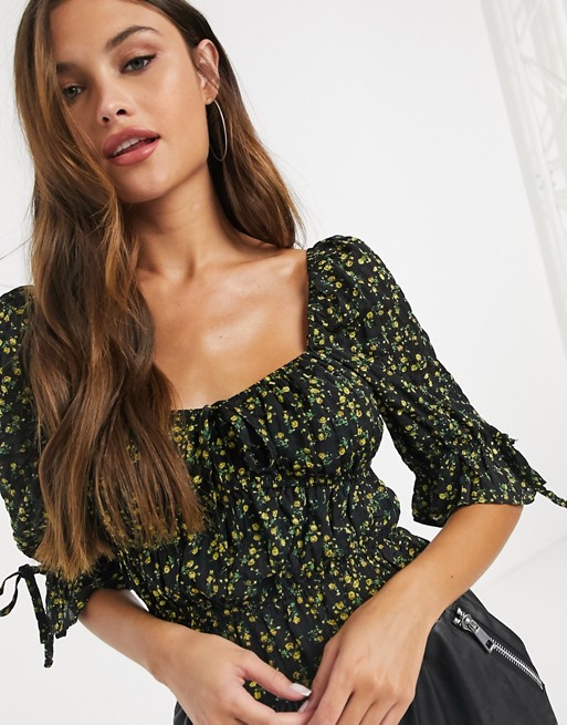 Saint Genies puff sleeve ruched sweetheart neck top in floral print