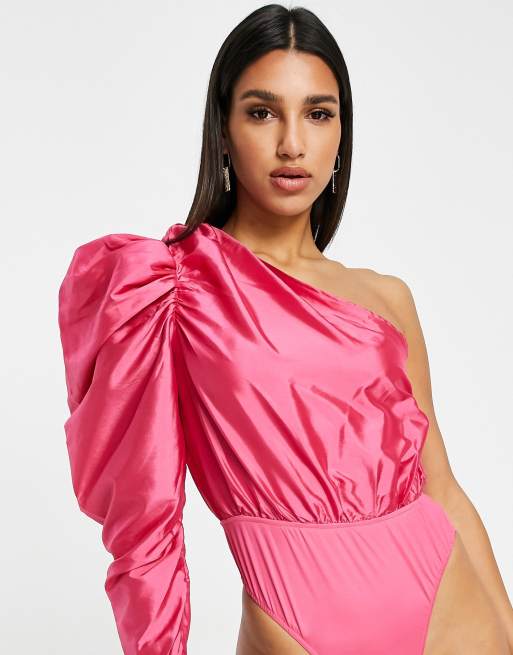 Saint Genies – Rosa body av satin med en bar axel och en puffärm, 4 av 4