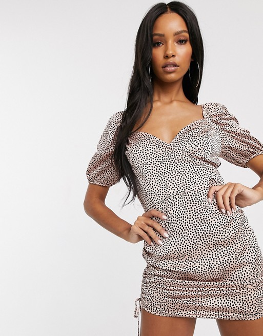 Saint Genies ruched side mini dress with puff sleeves in spot print
