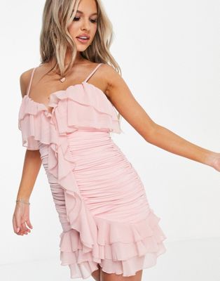 Saint Genies ruffle ruched strappy mini dress in pink