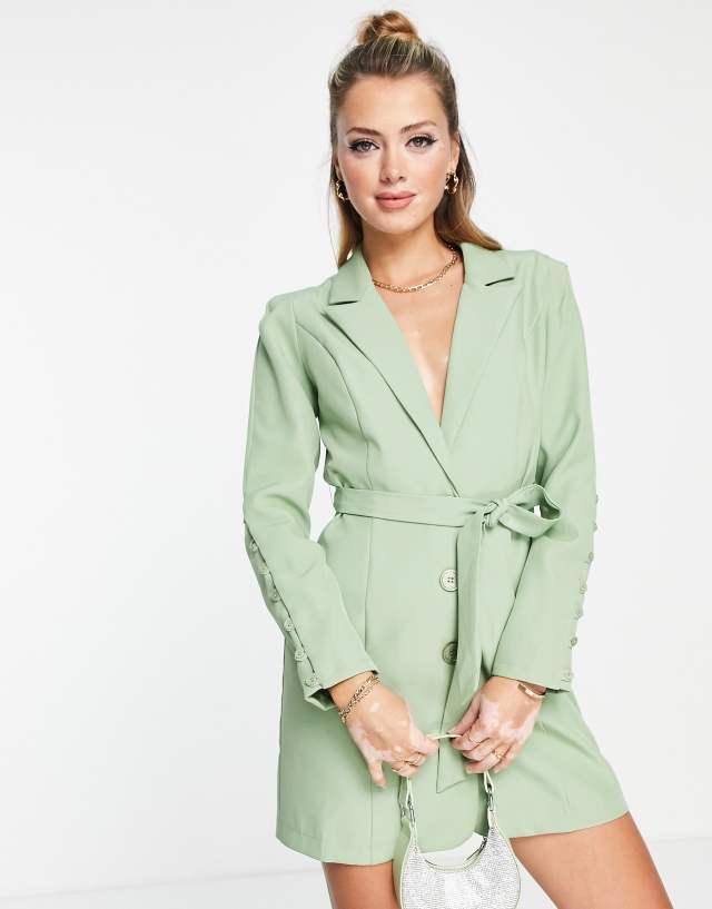 Saint Genies sculpted shoulder belted blazer dress in olive