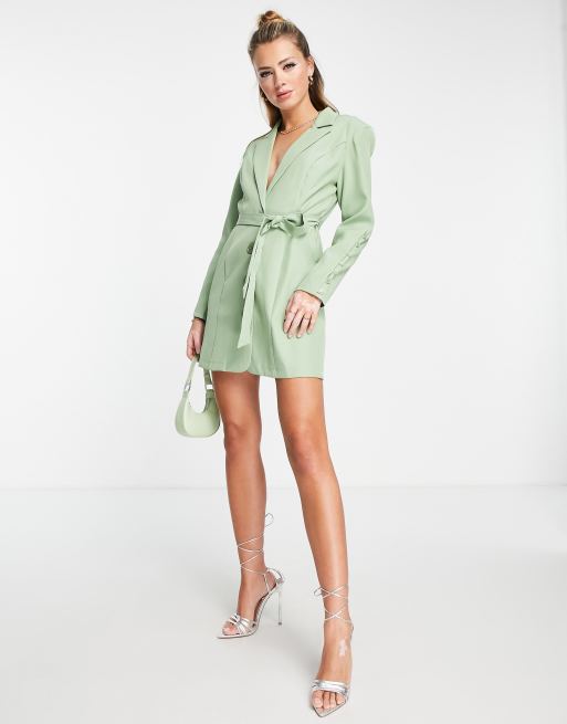 Saint Genies sculpted shoulder belted blazer dress in olive ASOS