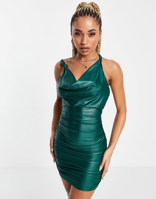 Saint Genies slinky cowl neck dress with chain detail in emerald, 2 of 4
