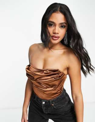 Saint Genies strapless stretch satin corset bodysuit in chocolate brown