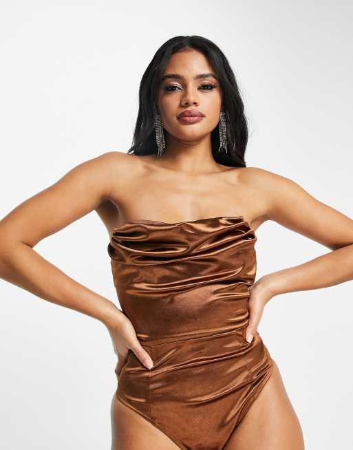 Chocolate Satin Corset Bodysuit