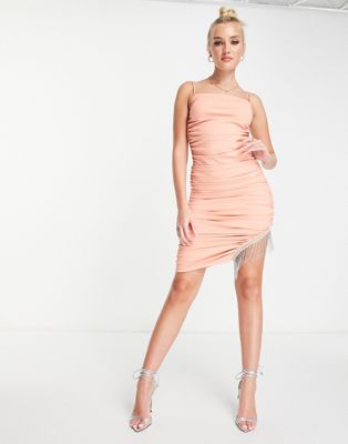 Saint Genies strappy midi dress in with side embellished trim in peach