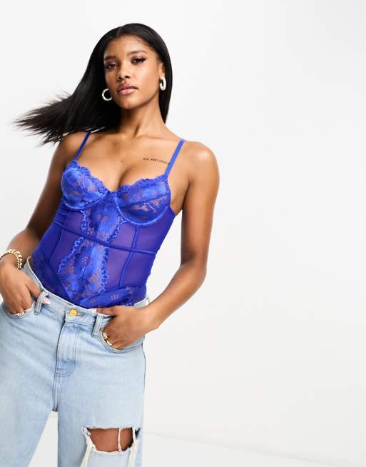 Saint Genies stretch lace thong bodysuit in blue