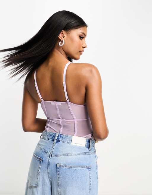 Saint Genies stretch lace thong bodysuit in lilac