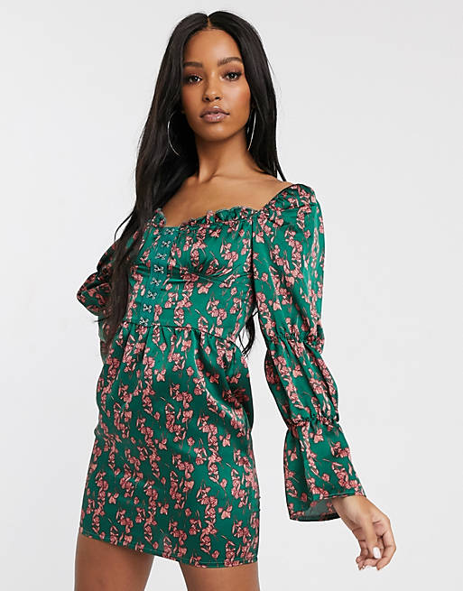 Saint Genies sweetheart neck corset mini dress with puff sleeves in multi floral
