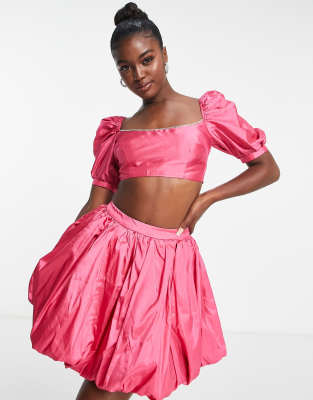 Saint Genies Taffeta Diamante Trim Puff Sleeve Crop Top In Hot Pink - Part Of A Set