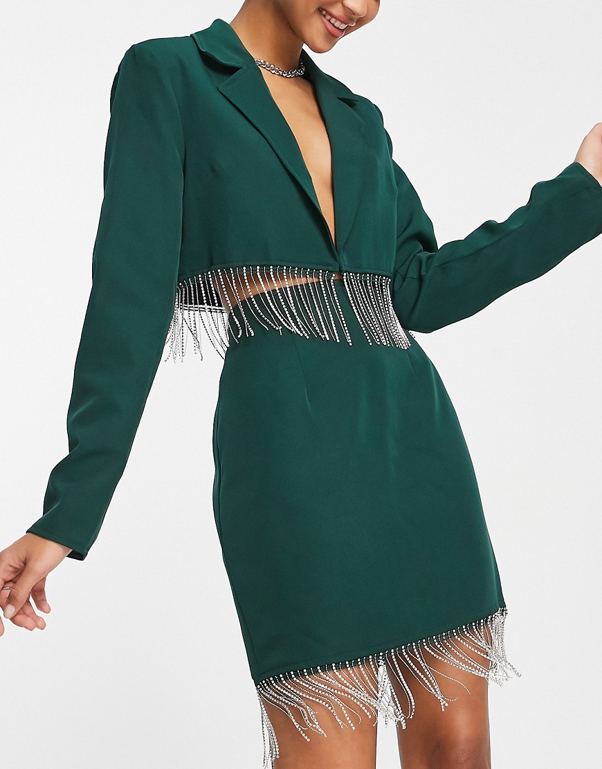 Saint Genies tailored mini skirt co-ord with embellishment trim in emerald green