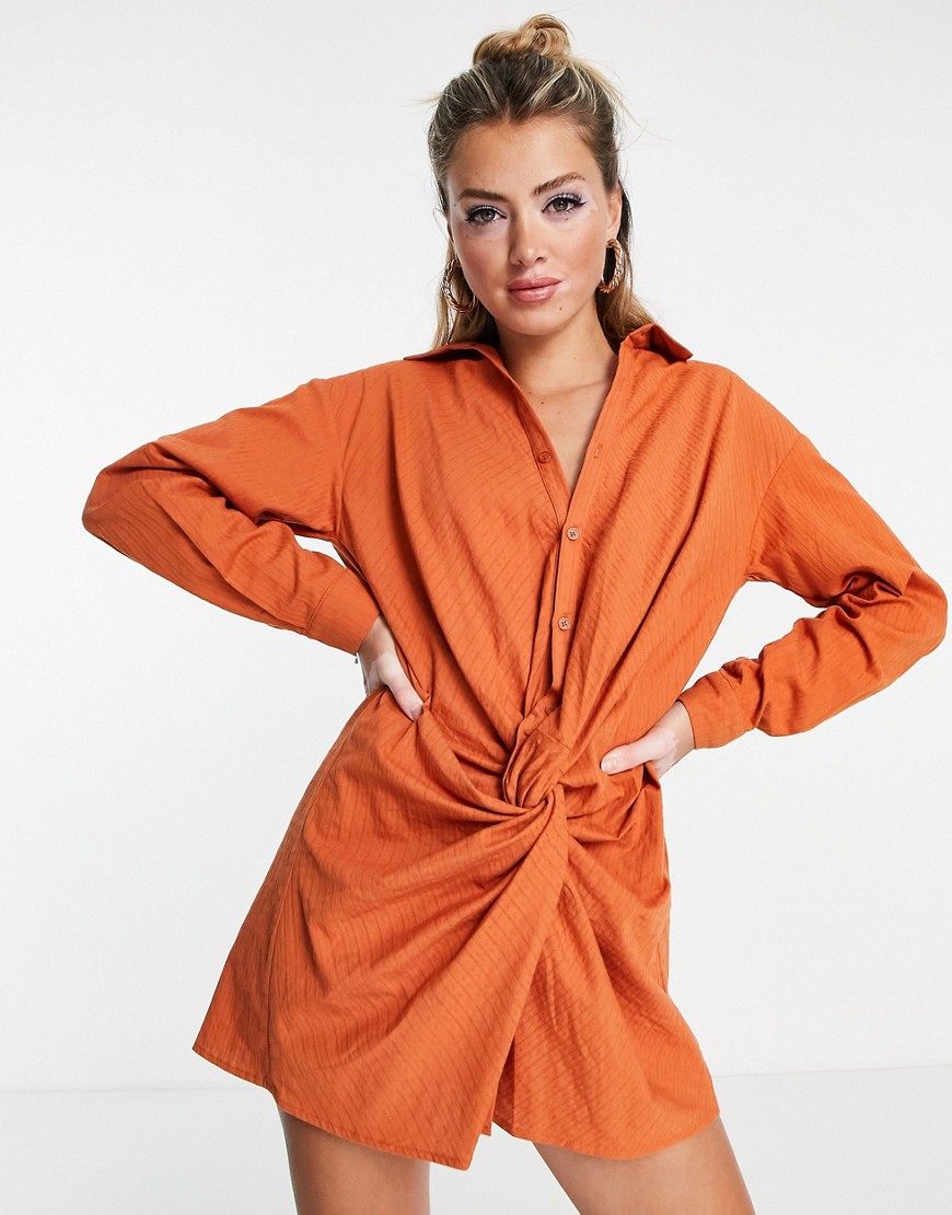 Saint Genies textured twist front shirt dress in cinnamon-Orange