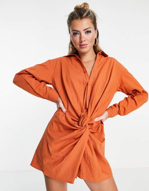 Saint Genies textured twist front shirt dress in cinnamon | ASOS