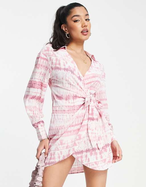 Saint Genies tie side shirt mini dress in pink print