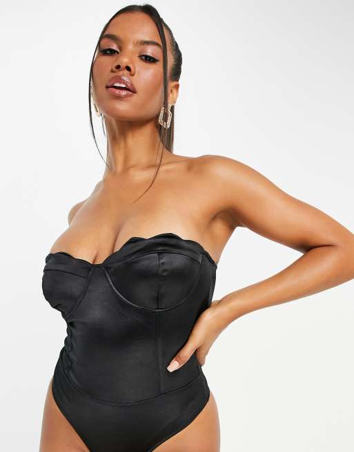 Black strapless satin bodysuit