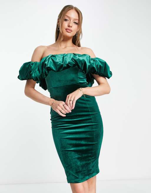 Emerald green velvet 2024 off the shoulder dress