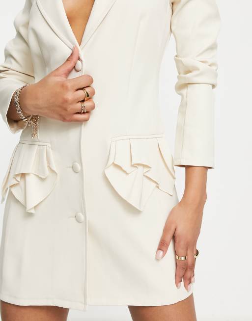 Saint Genies - Vestito blazer color crema con tasche con ruches, 3 di 4