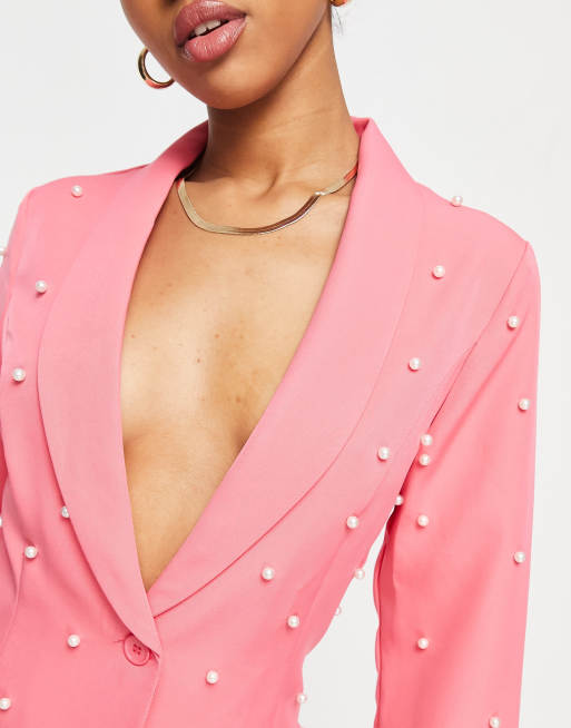 Saint Genies - Vestito blazer rosa acceso con perline, 3 di 4