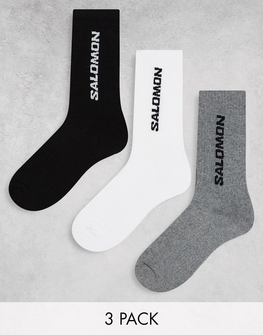 Salomon 3 pack of everyday unisex crew socks in white black and grey