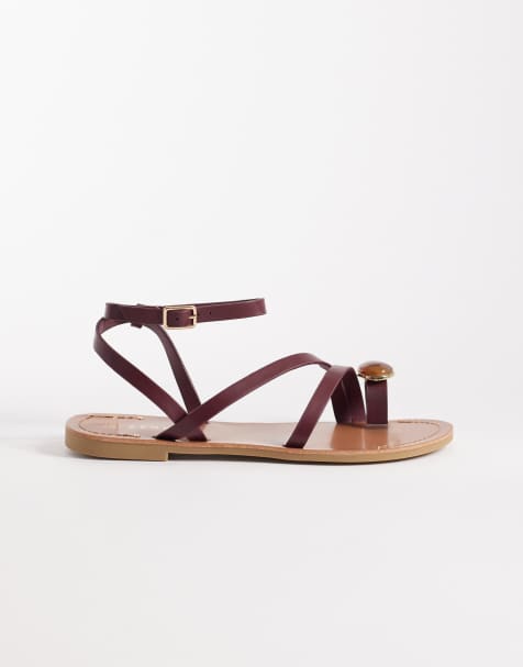 Sandalias burdeos planas con diseño de tiras y adorno en el dedo de SEQWL - view 1