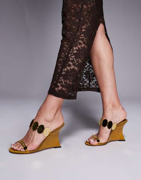 Sandalias color ocre con cuña alta de tiras con abalorios circulares Nila de ASOS DESIGN - view 1