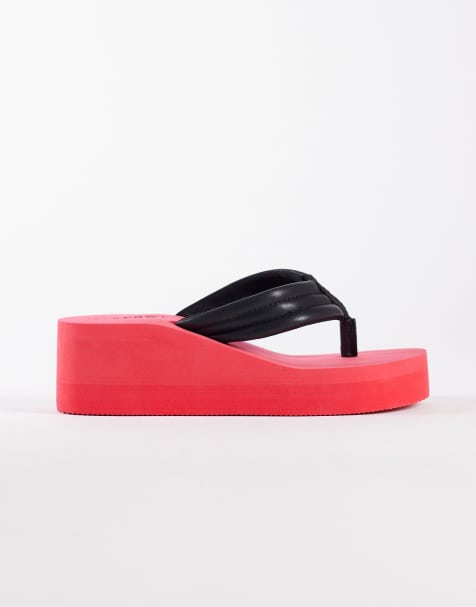 Sandalias de dedo rojas y negras con cuña y plataforma plana de SEQWL - view 1