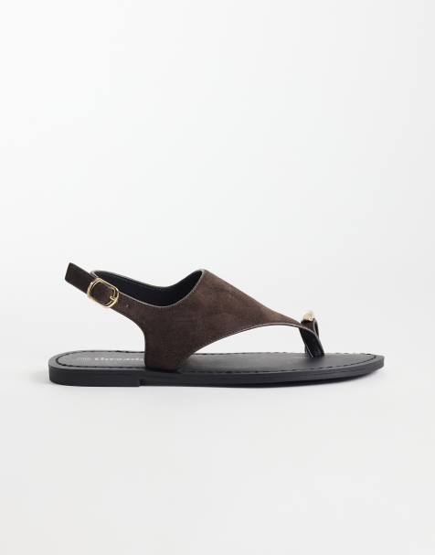 Sandalias marrón chocolate planas con tira para el dedo de antelina de Threadbare - view 1