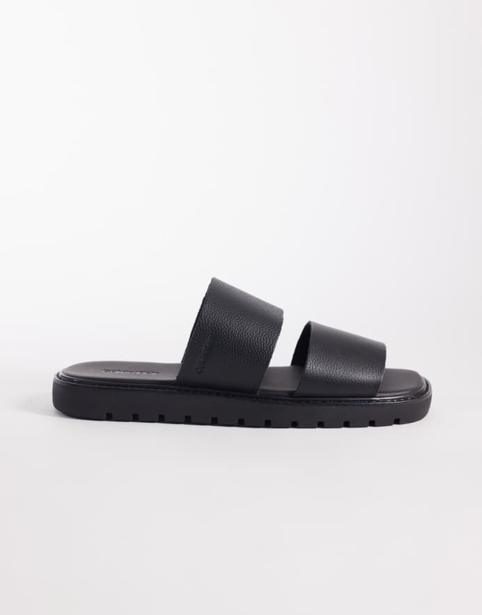 Calvin Klein Sandalias negras con doble barra de cuero auténtico de