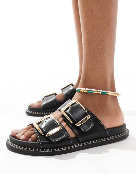 Sandalias negras con doble tira y pespuntes en contraste de New Look - view 1