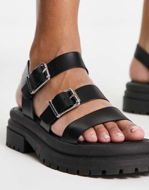 Sandalias negras con suela gruesa de cuero Tyla de schuh ASOS