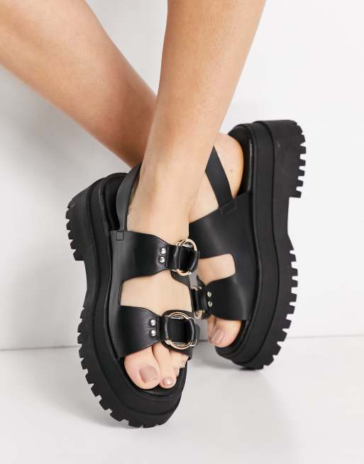 Sandalias negras con suela gruesa y doble hebilla de London Rebel
