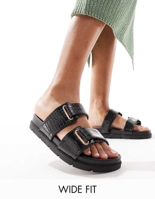 Sandalias negras efecto piel de cocodrilo con planta moldeada y dos tiras de London Rebel Wide Fit