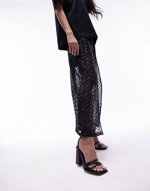 Sandalias negras efecto piel de cocodrilo con tacón, diseño en dos partes y tiras tubulares Evan de Topshop