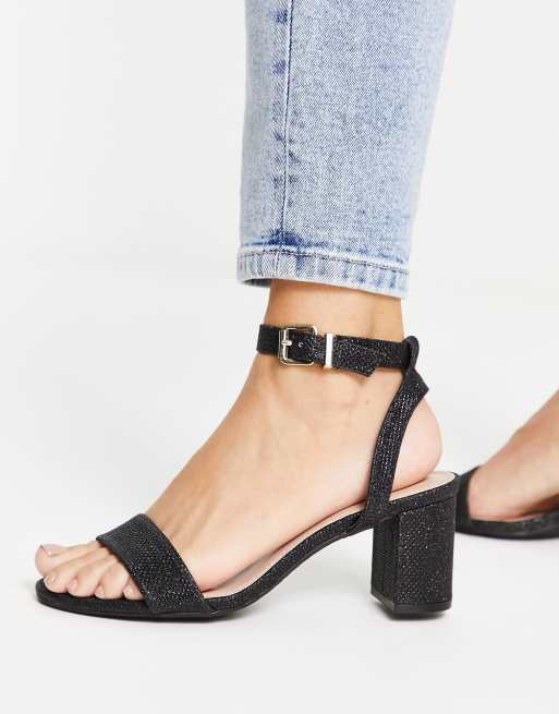 Sandalias negras efecto purpurina con diseño en dos partes y tacón de bloque Meye de Dune London