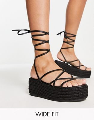 Glamorous Wide Fit strappy espadrille flatforms in black - ASOS Price Checker