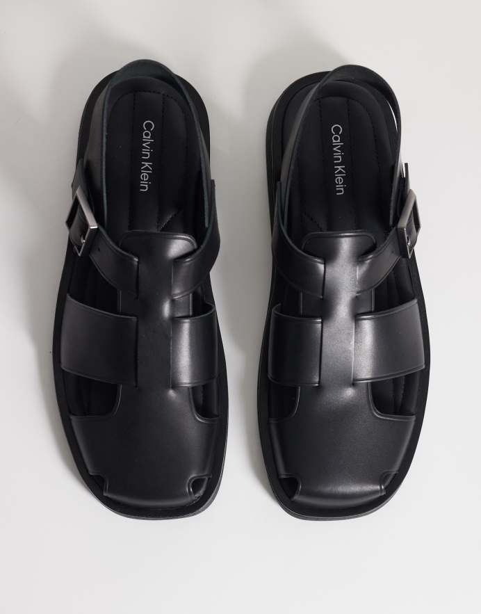 Calvin Klein Sandalias negras estilo cangrejeras de cuero auténtico de