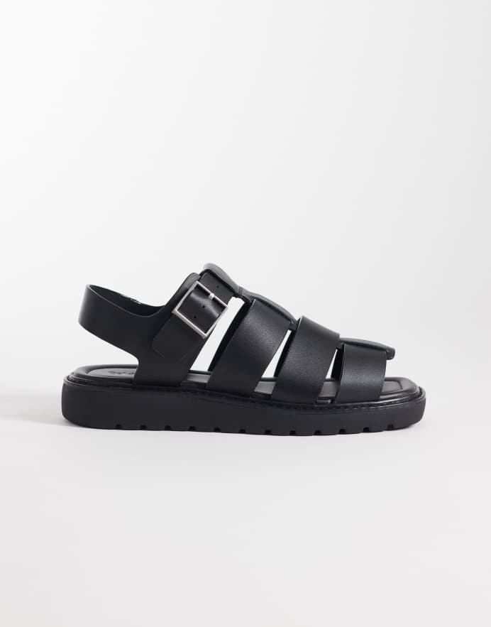 Calvin Klein Sandalias negras estilo pescador con puntera cuadrada de cuero de Jeans