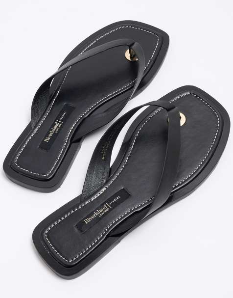 Sandalias negras planas con tira de dedo de cuero de River Island - view 1