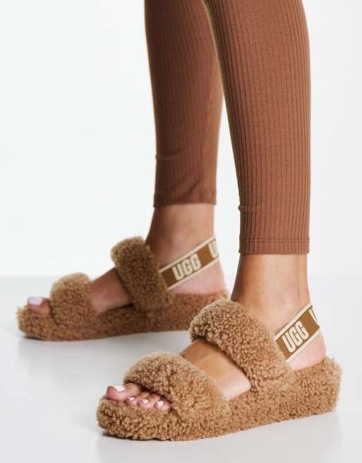 Ugg Sandalias De Peluche De Moda Sandalias Planas Castañas Con - Main Image