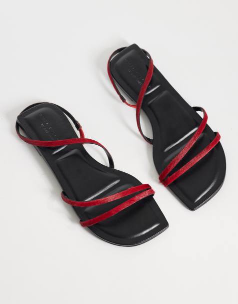 Sandalias rojas planas con diseño de tiras finas de cuero auténtico con acabado de pelo premium de ASOS DESIGN - view 1