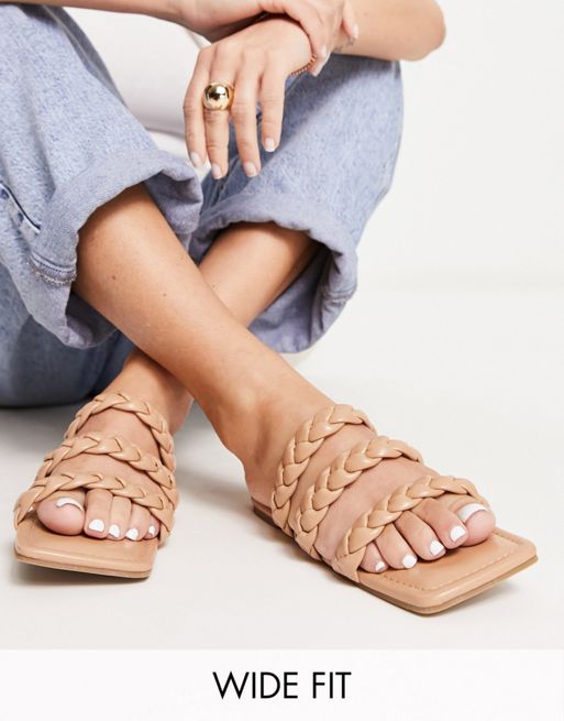 Sandalias tostadas planas trenzadas de Glamorous Wide Fit