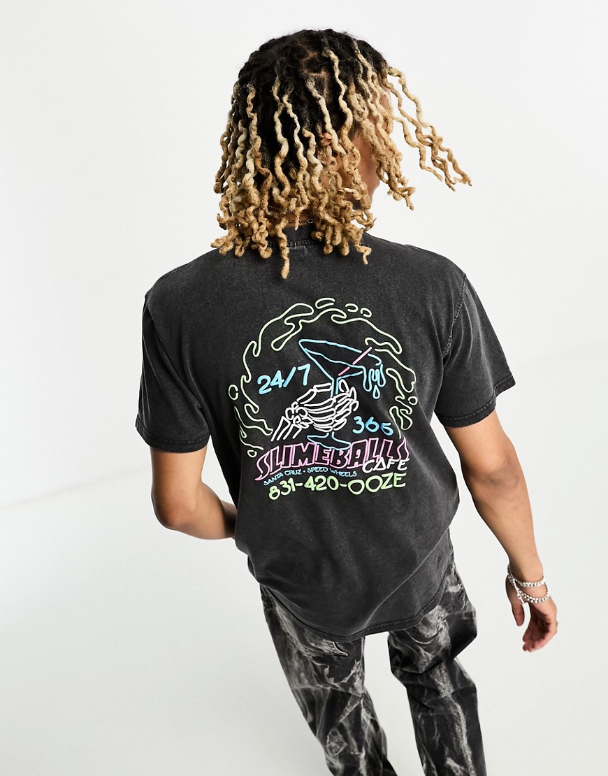 Santa Cruz all nighter t-shirt in black acid wash with chest and back neon print