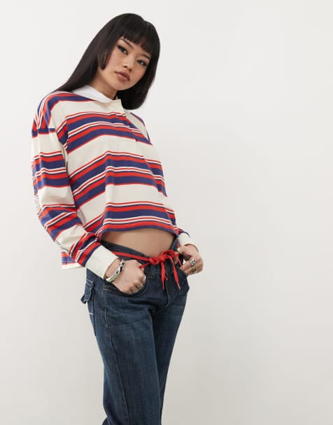 Santa Cruz - Crop top stile polo a maniche lunghe a righe rosse e nere - view 1