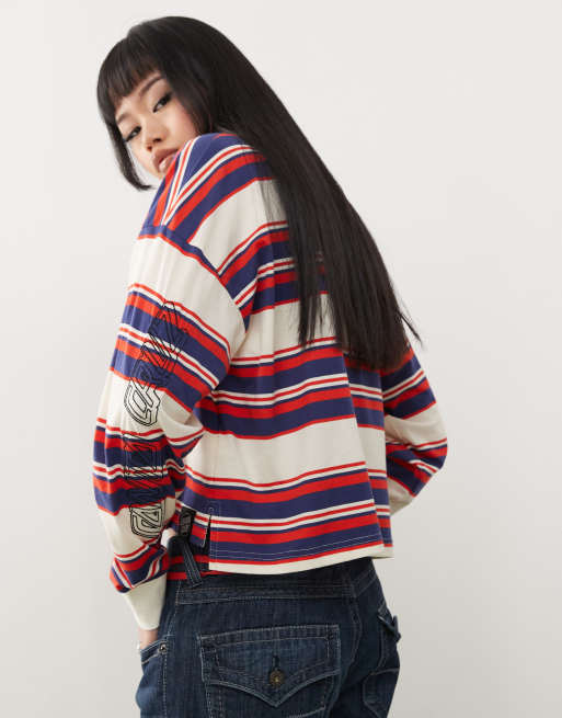 Santa Cruz - Crop top stile polo a maniche lunghe a righe rosse e nere, 4 di 4
