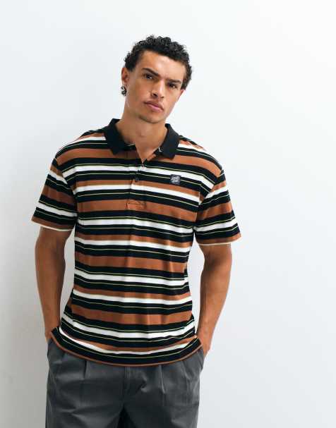 Santa Cruz felix stripe short sleeve polo shirt in black/brown - view 1